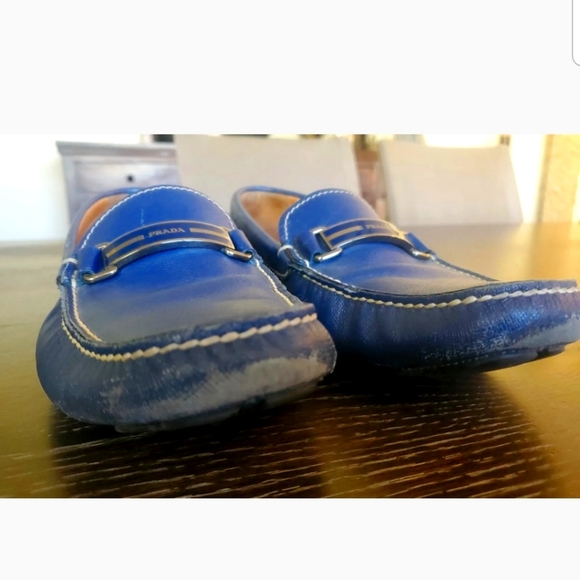 PRADA MENS BLUE LEATHER LOAFERS Saffiano SHOE SIZE 7.5 Prada Logo - Picture 3 of 8